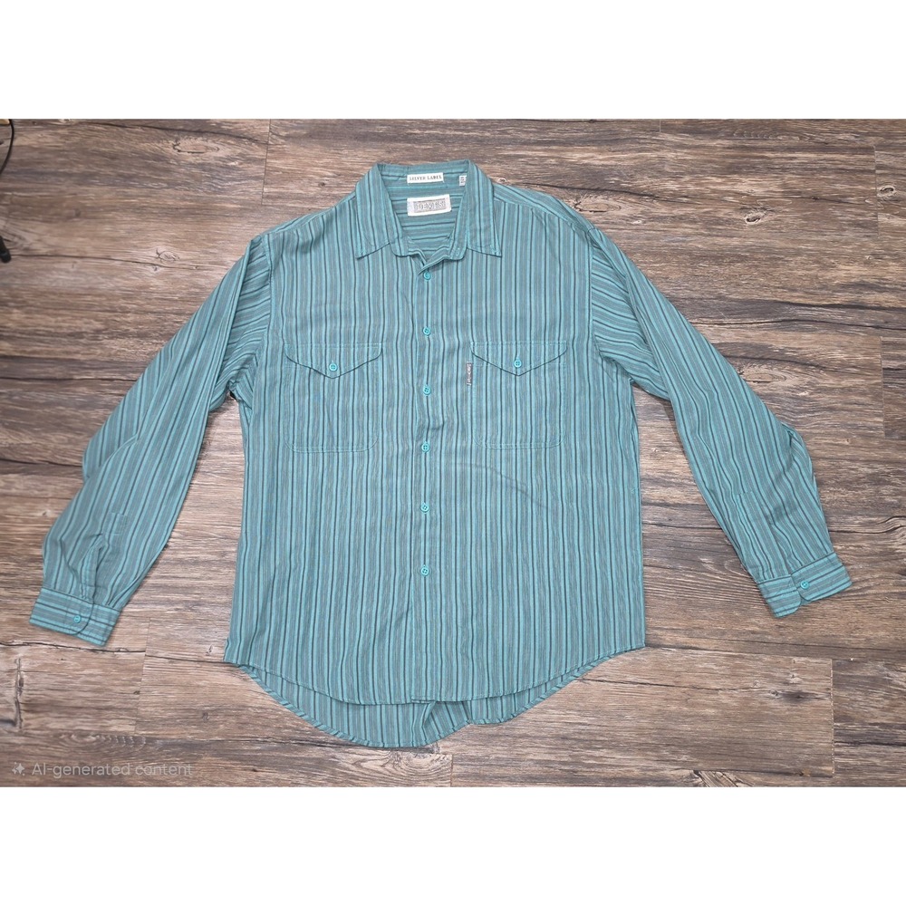 Vintage Levis Silver Label Mens Large Teal Striped Long Sleeve Button Down Shirt